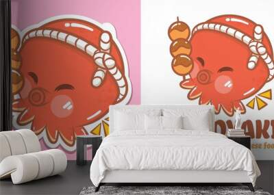 A cute octopus cartoon character  takoyaki logo and mascot illustration Wall mural