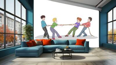 four kids playing rope pulling game,
Children applying pulling force to the rope.science lesson subject, illustration of four child showing pull force.  tr:( halat çekme kuvveti uygulayan çocuklar)  Wall mural