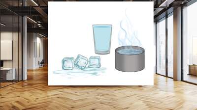 science course subject,
states of matter, solid, liquid, gas,
ice cube, a glass of water,
Evaporated heated water.tr:( maddenin halleri katı, sıvı,gaz. ) Wall mural