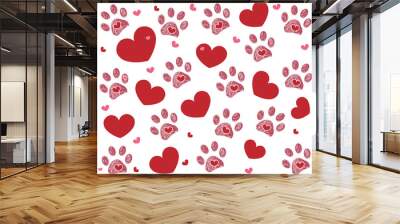  Dog paw print with hearts Happy Valentine's day greeting card and background Wall mural