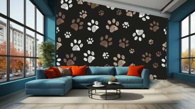 Doodle paw print brown colored with black background  Wall mural