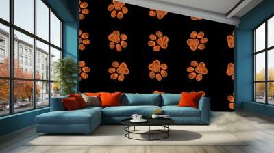 Happy Halloween design doodle orange paw print seamless fabric design black background pattern Wall mural