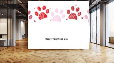 Happy valentine's day greeting card with red hearts and paw prints Wall mural