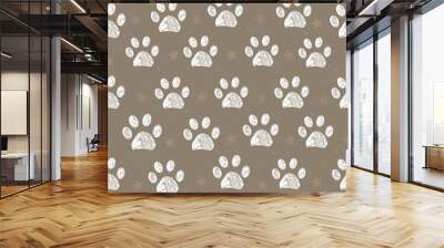 White doodle paw print and little stars with brown background seamless pattern Wall mural