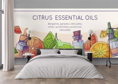 Vector illustration of background with citrus fruits, essential oil bottles. Orange essential oil. For poster design, promo banner and cosmetic flyer, perfumery, aromatherapy. Wall mural