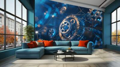 futuristic abstract background with interlocking gears and cogs, Abstract gear wheels background. 3d rendering toned image double exposure Wall mural