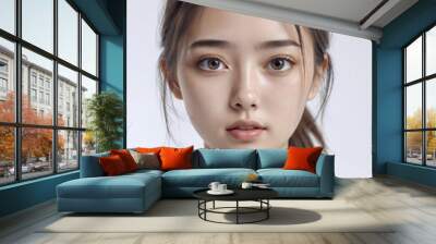 Asian Japanese girl beautiful eyes in white t-shirt with healthy skin super realistic white studio background. Wall mural