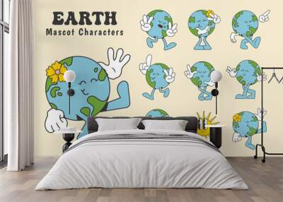 earth cartoon mascot characters in trendy retro style, vector illustration Wall mural