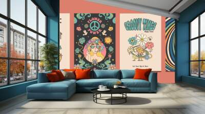 groovy hippie 70s posters, retro posters with psychedelic art, vector illustration Wall mural