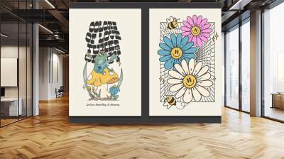 groovy hippie 70s posters, with retro frog and flowers cartoons, vector illustration Wall mural