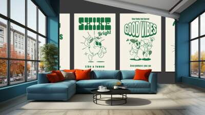 groovy posters 70s, retro posters with funny cartoon characters, vector illustration Wall mural