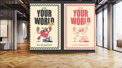 retro 30s posters with cute mascot cartoon characters, vector illustration Wall mural