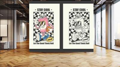 retro 70s posters with a canned drink cartoon character, vector illustration Wall mural