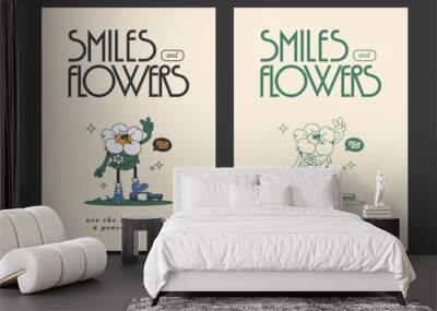 retro 70s posters with a cute cartoon flower character, vector illustration Wall mural