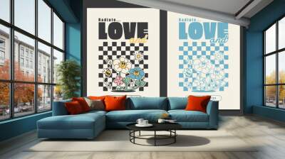 retro 70s posters with flowers cartoon characters, vector illustration Wall mural