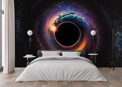 A black hole with a glowing constellation of various colors revolves around a black hole in the universe. Wall mural