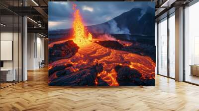 A volcano is erupting and spewing out hot lava streams. Wall mural