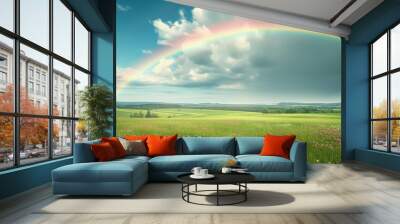 Beautiful rainbow arching over a vast, green meadow with a partly cloudy sky. Perfect for serene nature and landscape scenes. Wall mural