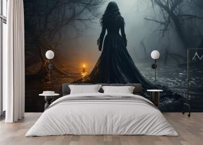 Black witch in the mysterious forest. Wall mural