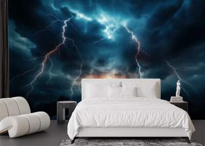 Electrifying Lightning Strikes Under Dark Storm Clouds Wall mural