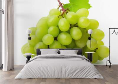 Green Grapes on White Background: A cluster of fresh, green grapes with a single leaf rests on a clean white backdrop, highlighting the fruit's vibrant hue and natural beauty.   Wall mural