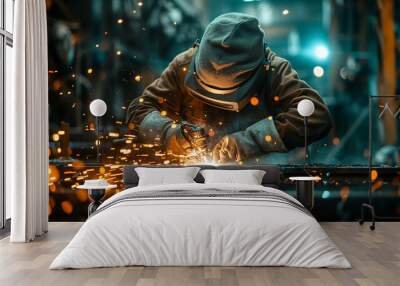 Worker in protective gear welding metal with sparks flying in an industrial setting, showcasing manufacturing and heavy industry. Wall mural