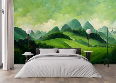 beautiful landscape of green mountains and fields, 3D Illustration Wall mural