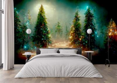 Christmas tree decoration in winter forest with northern lights. 3d Illustration of Christmas on Blurred bokeh background Wall mural