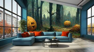 Forest at Halloween, Pumpkin of Halloween and the deserted forest, The Fantastic Background of Halloween Wall mural