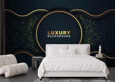 Dark abstract background with overlap layers. golden glitters dots element decoration. Luxury design concept. Wall mural