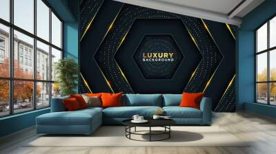 Dark abstract background with overlap layers. golden glitters dots element decoration. Luxury design concept. Wall mural