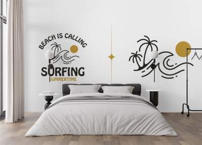 Surfing Beach monoline. Universal creative premium symbol. Vector sign icon logo template. Vector illustration Wall mural