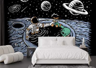 Astronaut and alien chilling illustration Wall mural