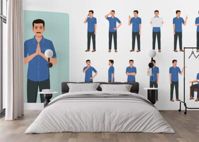 Indian Man Wearing Shirt and Pant, Character set Different poses and emotions Wall mural