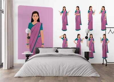 Indian Woman Wearing Saree, Character Different poses and emotions Wall mural