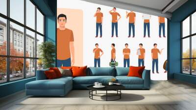 Indian Young Man Wearing T-shirt and Jeans, Character set Different poses and emotions Wall mural