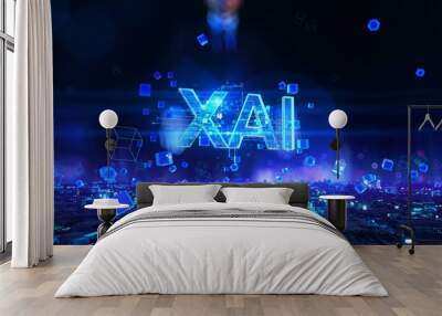 XAI- businessman working and touching with augmented virtual reality at night office. Wall mural