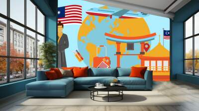 Welcome to Malaysia postcard. Travel and safari concept of Asia world map vector illustration with national flag Wall mural