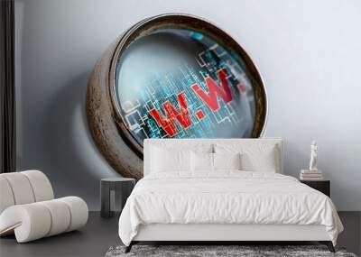 9. A magnifying glass focusing on the text 'www' with digital lines spreading outwards, isolated on a white background Wall mural