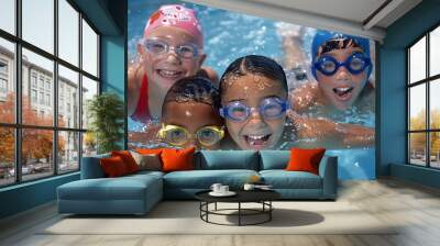 A_group_of_kids_in_swim_caps_and_goggl Wall mural