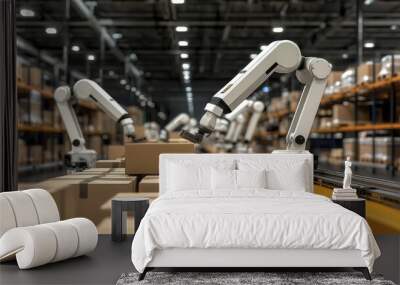 Robot-assisted packing stations in a tech-enabled warehouse, logistics innovation, efficiency in packaging Wall mural