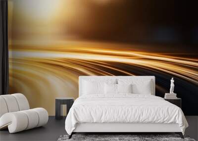 A captivating abstract image features swirling golden light trails, creating a dynamic flow with a sense of speed, motion, and futuristic energy. Wall mural