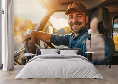 A cheerful truck driver is giving a thumbs up from his cab, suggesting a sense of satisfaction with his work Wall mural