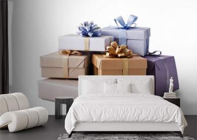 A diverse collection of gift boxes wrapped in various colors and adorned with ribbons, displayed with a transparent, white background, png format Wall mural