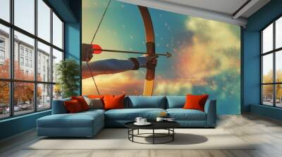 A focused archer is taking aim with precision using a modern recurve bow against a dramatic sunset backdrop Wall mural