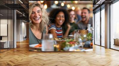 A group of happy friends sharing laughter and conversation over a meal in a casual dining restaurant with a lively ambiance Wall mural