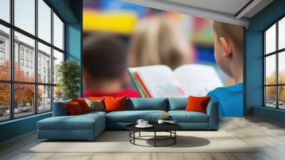 A group of young children immersed in reading books, sitting in a colorful classroom, fostering a love for learning and education, with a focus on a single child. Wall mural