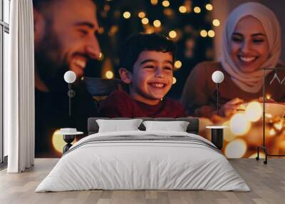 A heartwarming family moment featuring three people sharing a cozy dinner surrounded by warm, festive lights, showcasing joy and togetherness during a celebration. Wall mural