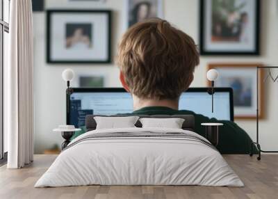 A person is working intently on a computer, with their back facing the camera, surrounded by a wall adorned with various framed photos, suggesting a creative workspace. Wall mural