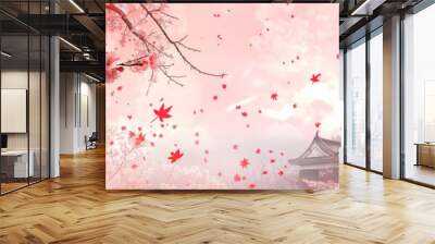 A picturesque Japanese castle towers among blooming cherry blossoms under a vibrant pink sky filled with birds Wall mural